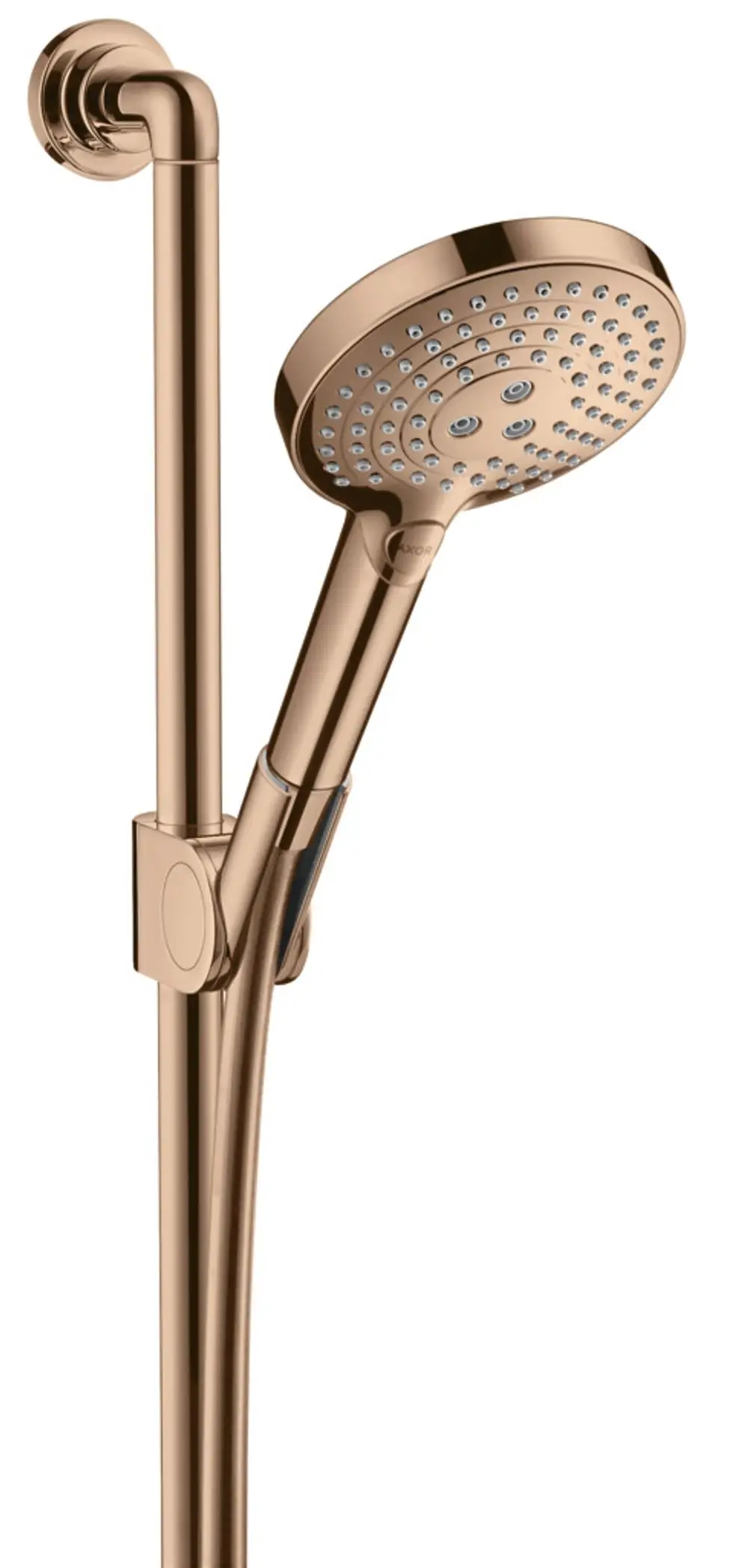 Handbrause mit Halterung und langer Schlauchführung in poliertem Rotgold. AXOR-Design mit mehreren Strahloptionen. Montiert an einer vertikalen Stange.